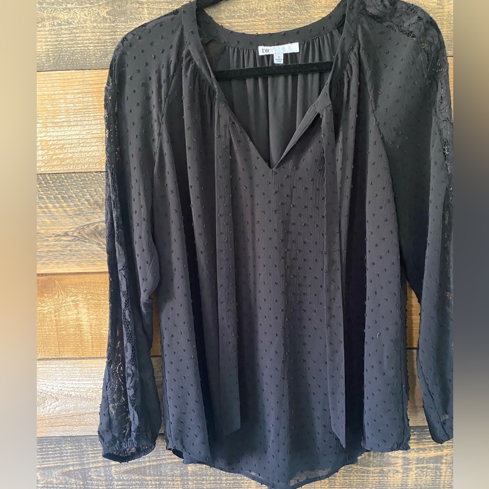 DR2 Black Swiss Dot and Lace Blouse Size M